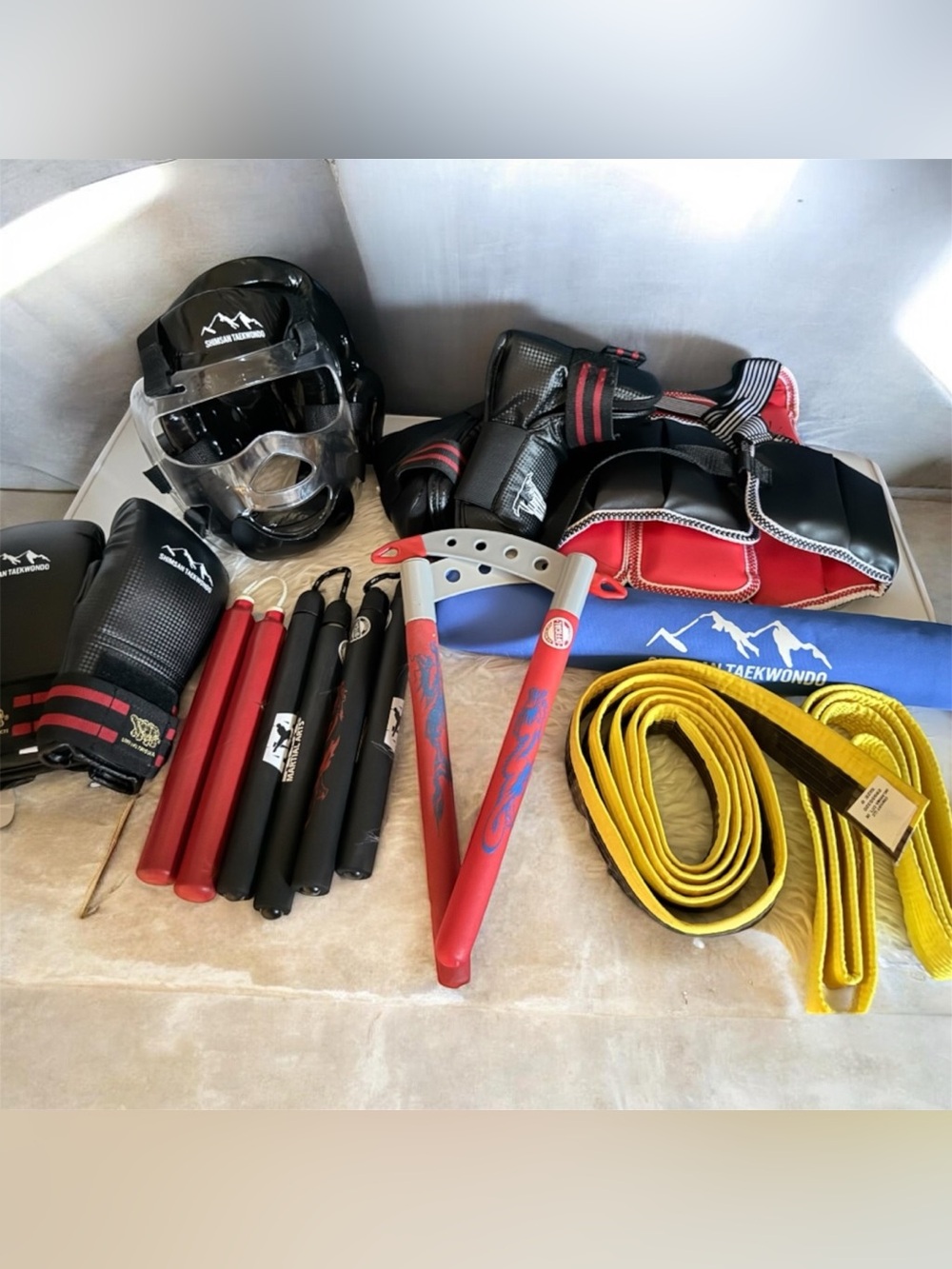 Shimsan Taekwondo Sparring Gear Set with Red Training Nunchucks & Yellow Belt